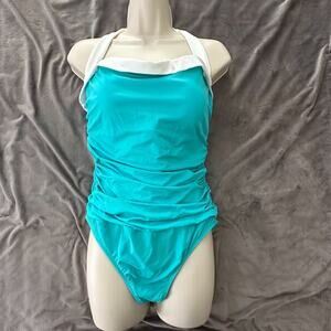 Ralph Lauren LRL Swimsuit Womens 16 Turquoise Blue One Piece Ruched Halter Beach